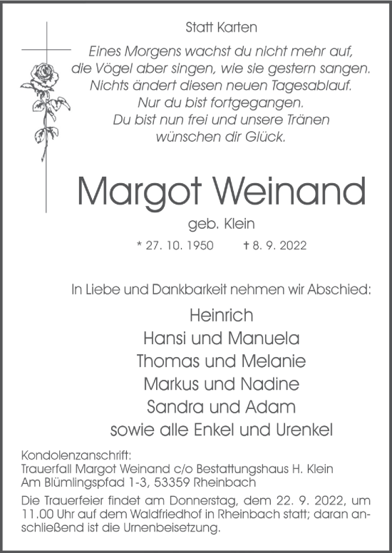 Anzeige von Margot Weinand von  Schaufenster/Blickpunkt 