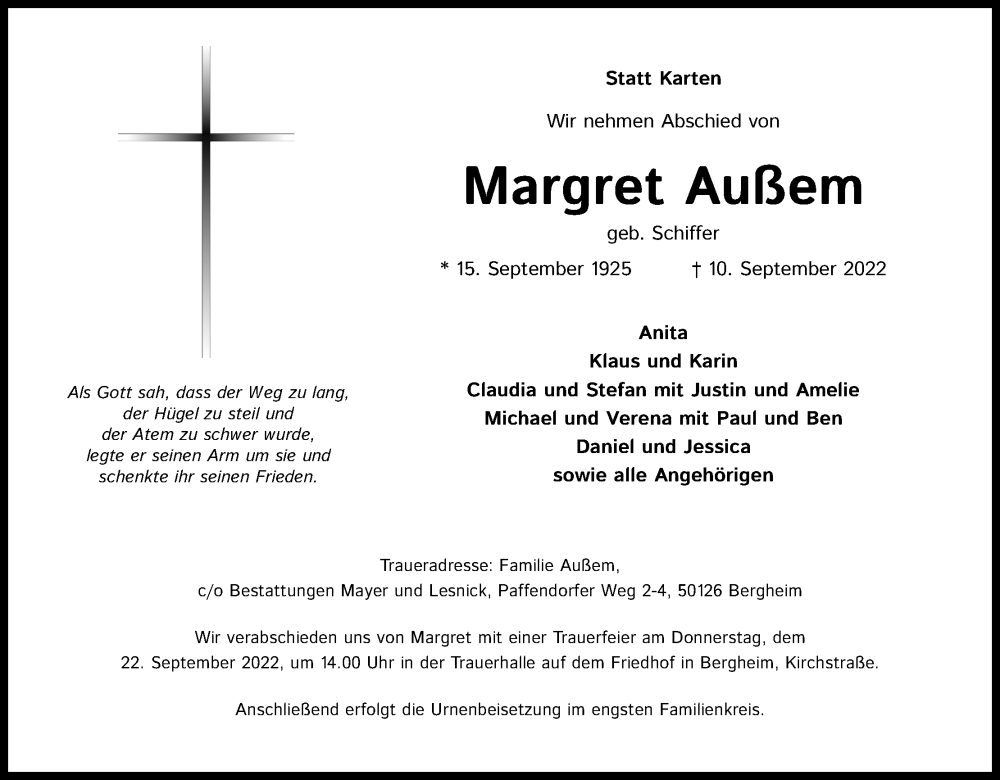  Traueranzeige für Margret Außem vom 17.09.2022 aus Kölner Stadt-Anzeiger / Kölnische Rundschau / Express