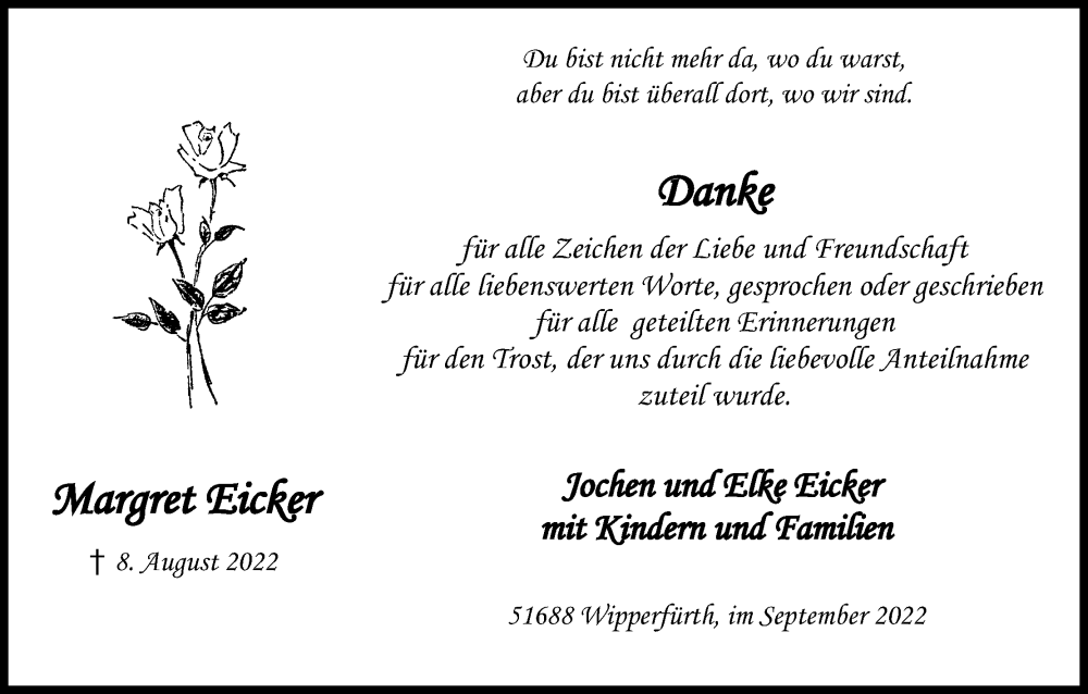  Traueranzeige für Margret Eicker vom 17.09.2022 aus Kölner Stadt-Anzeiger / Kölnische Rundschau / Express