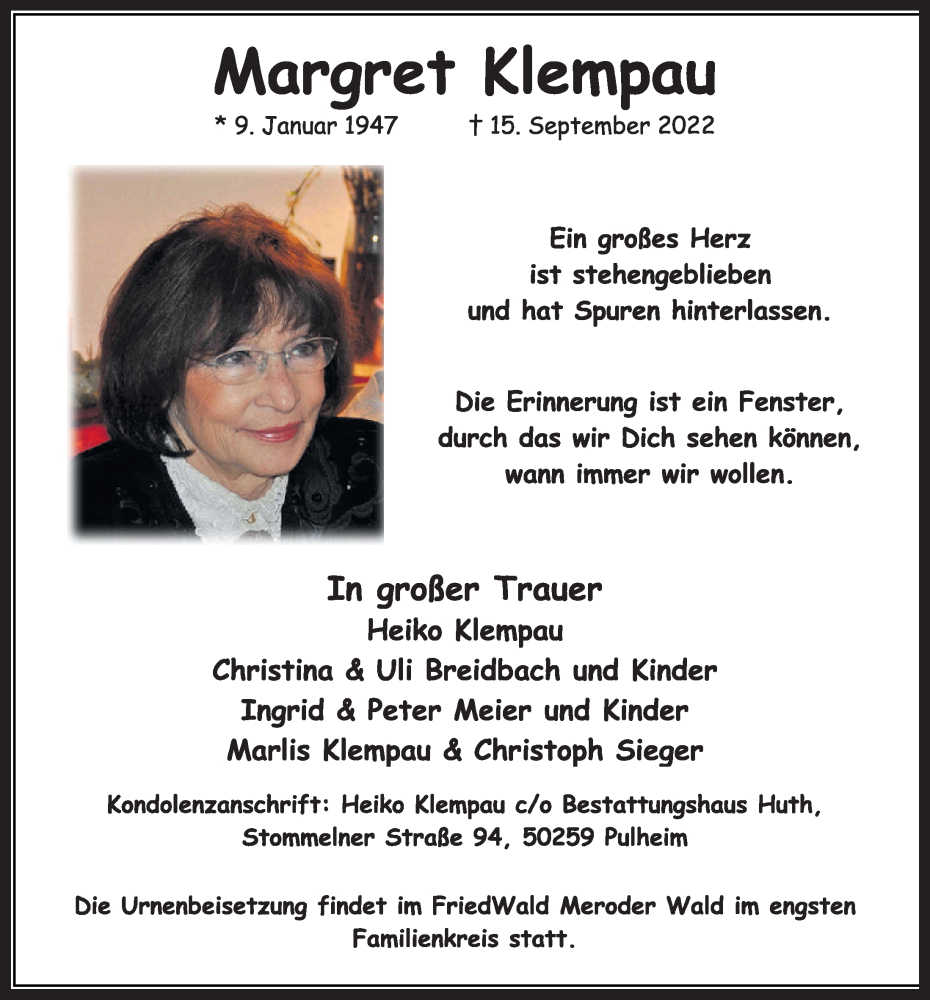  Traueranzeige für Margret Klempau vom 23.09.2022 aus  Werbepost 