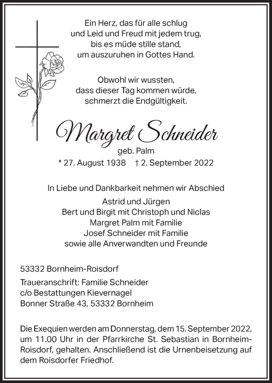 Anzeige von Margret Schneider von  Schaufenster/Blickpunkt 