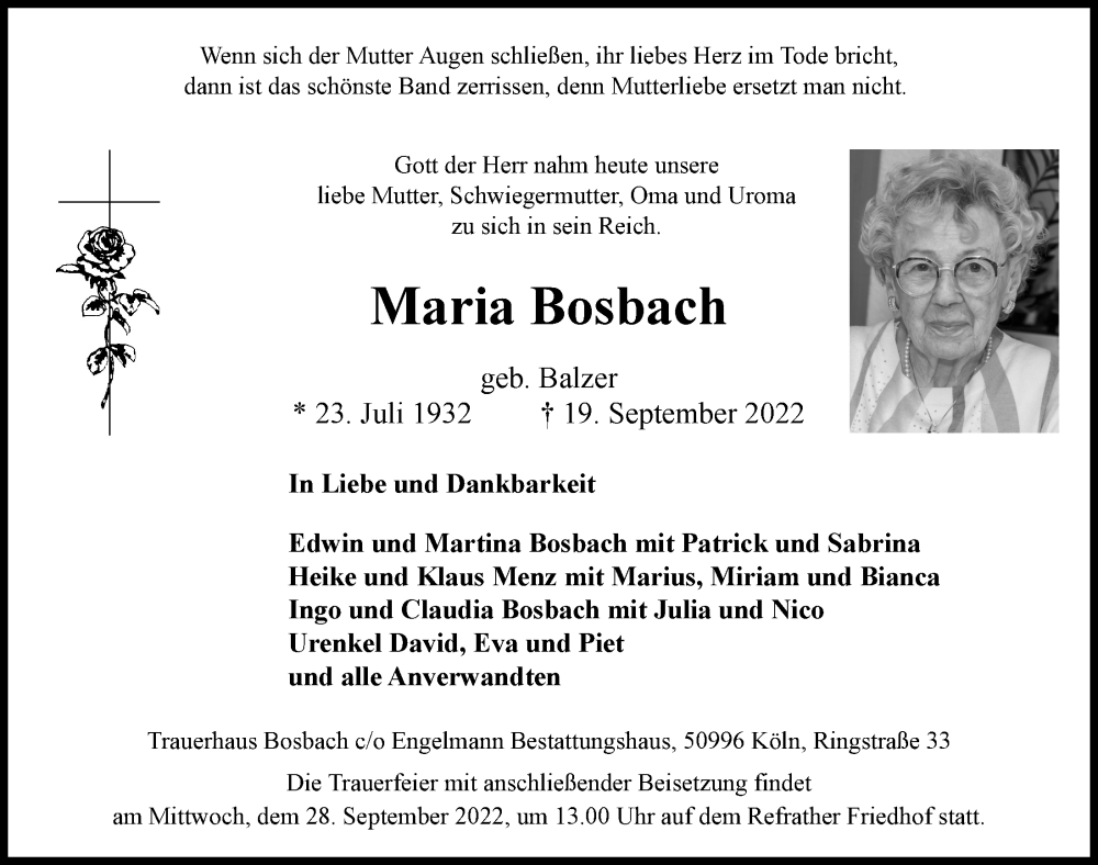  Traueranzeige für Maria Bosbach vom 23.09.2022 aus  Bergisches Handelsblatt 