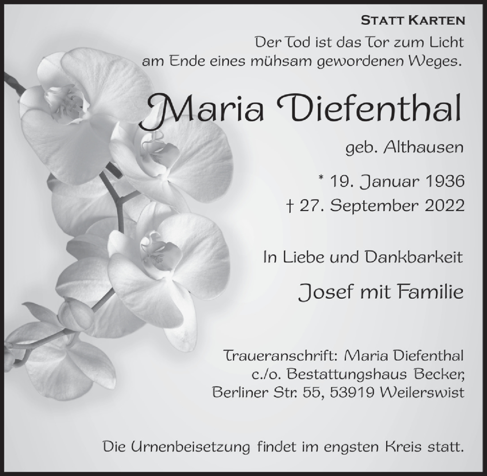  Traueranzeige für Maria Diefenthal vom 01.10.2022 aus  Blickpunkt Euskirchen 