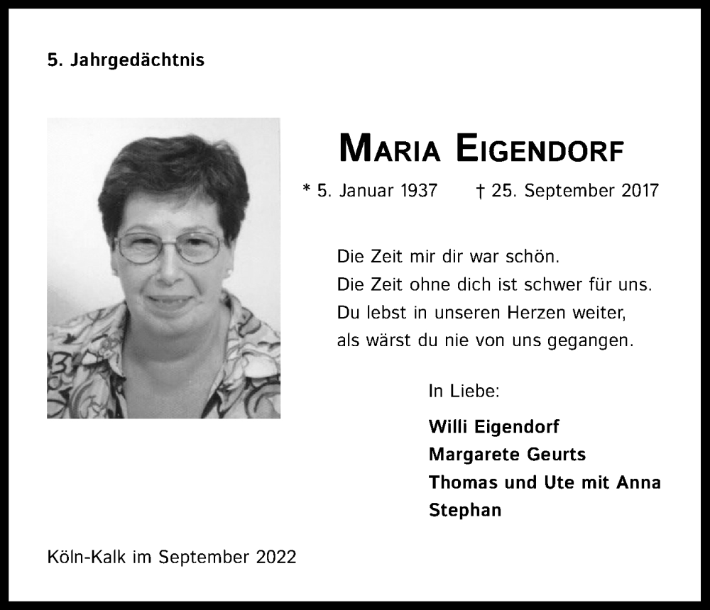  Traueranzeige für Maria Eigendorf vom 24.09.2022 aus Kölner Stadt-Anzeiger / Kölnische Rundschau / Express