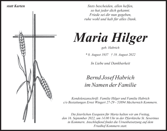 Anzeige von Maria Hilger von  Blickpunkt Euskirchen 