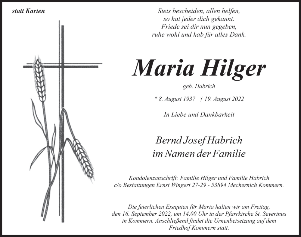  Traueranzeige für Maria Hilger vom 03.09.2022 aus  Blickpunkt Euskirchen 