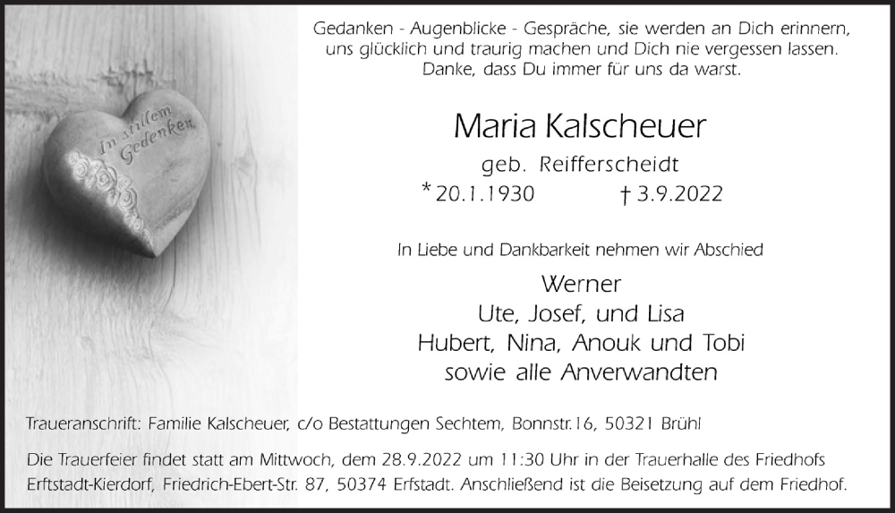  Traueranzeige für Maria Kalscheuer vom 16.09.2022 aus  Werbepost 