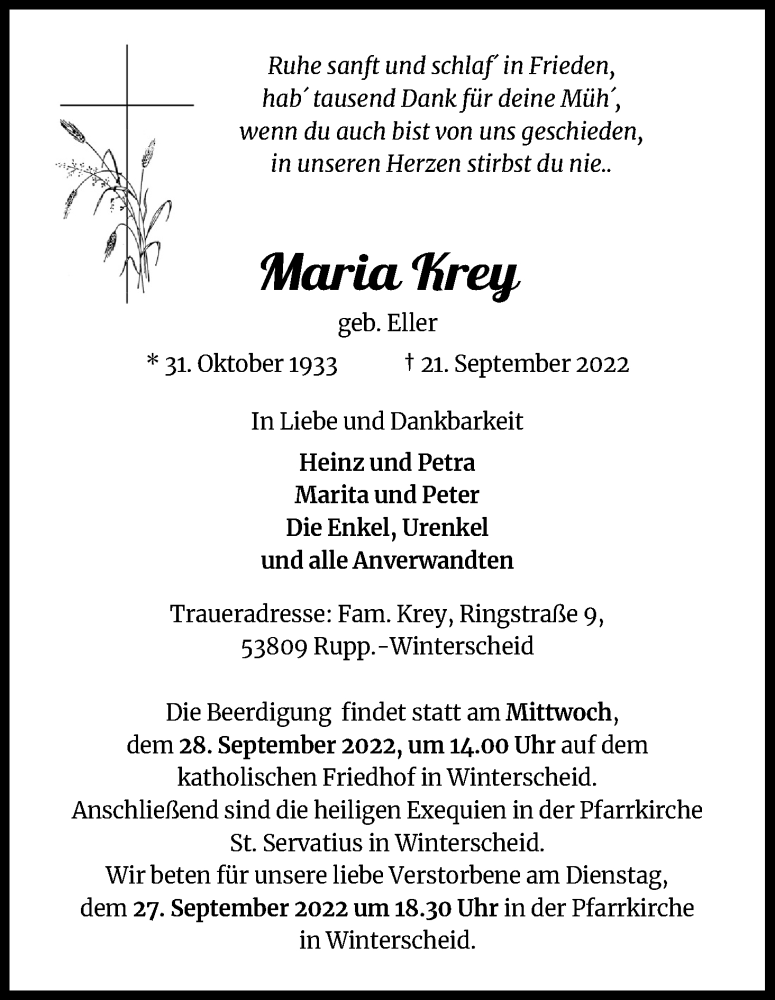  Traueranzeige für Maria Krey vom 24.09.2022 aus Kölner Stadt-Anzeiger / Kölnische Rundschau / Express