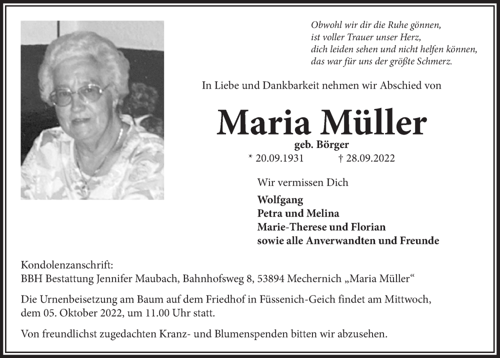  Traueranzeige für Maria Müller vom 01.10.2022 aus  Blickpunkt Euskirchen 