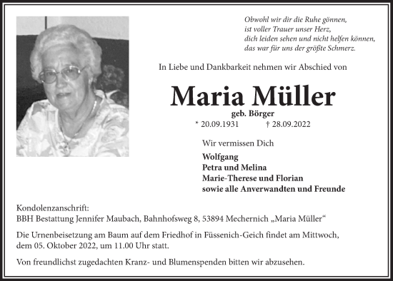 Anzeige von Maria Müller von  Blickpunkt Euskirchen 