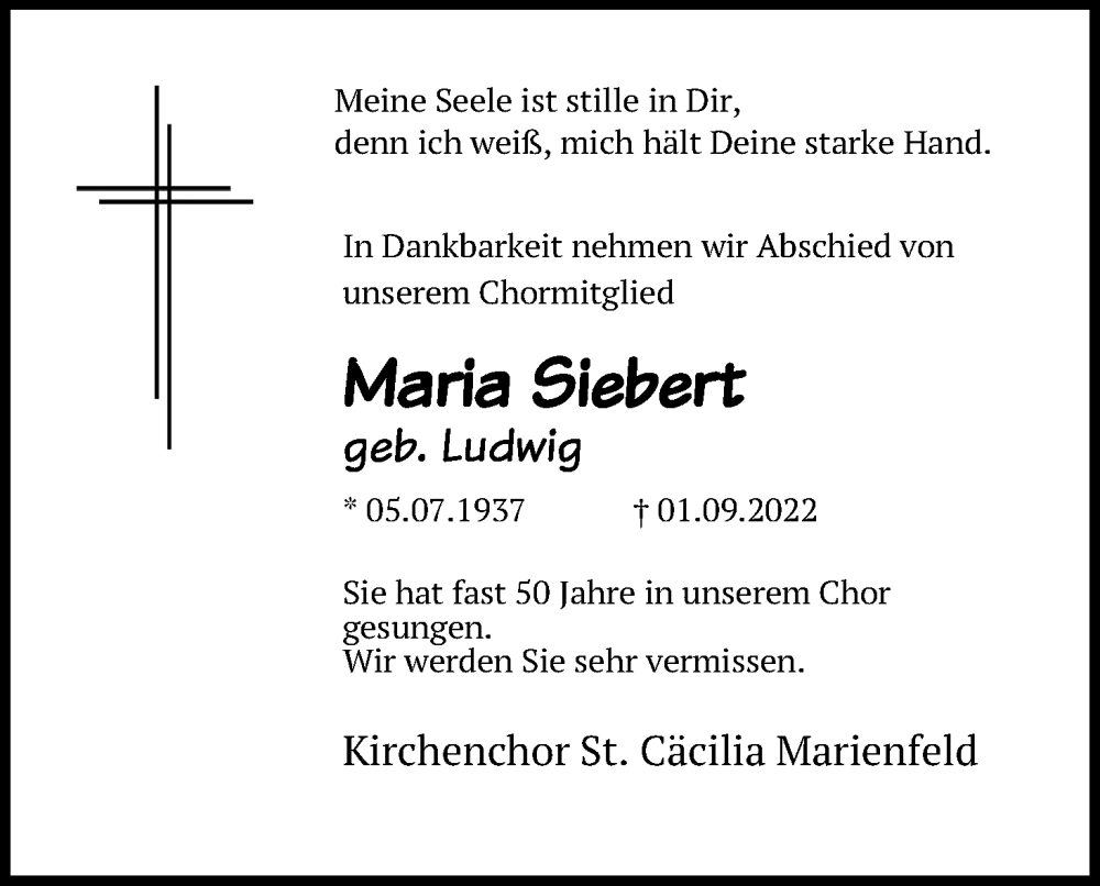  Traueranzeige für Maria Siebert vom 07.09.2022 aus Kölner Stadt-Anzeiger / Kölnische Rundschau / Express