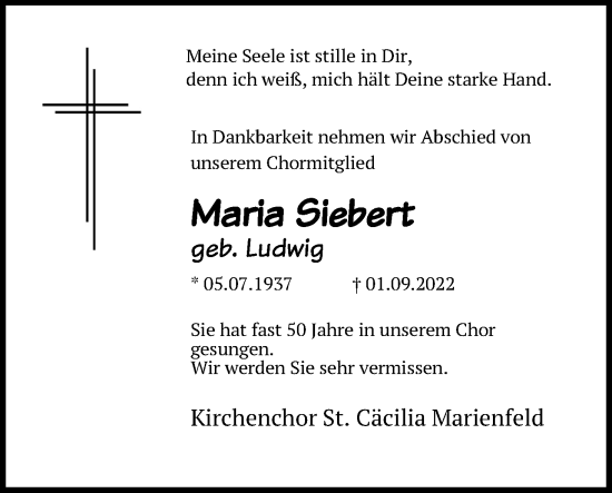 Anzeige von Maria Siebert von Kölner Stadt-Anzeiger / Kölnische Rundschau / Express