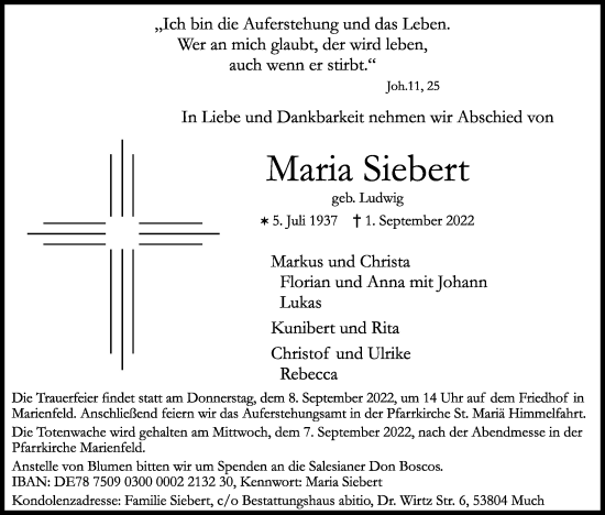 Anzeige von Maria Siebert von Kölner Stadt-Anzeiger / Kölnische Rundschau / Express