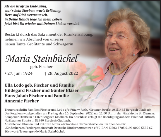 Anzeige von Maria Steinbüchel von Kölner Stadt-Anzeiger / Kölnische Rundschau / Express