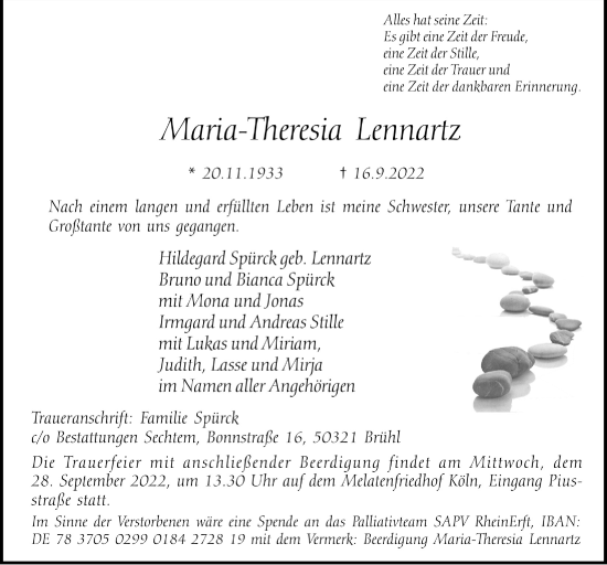 Anzeige von Maria-Theresia Lennartz von  Schlossbote/Werbekurier 