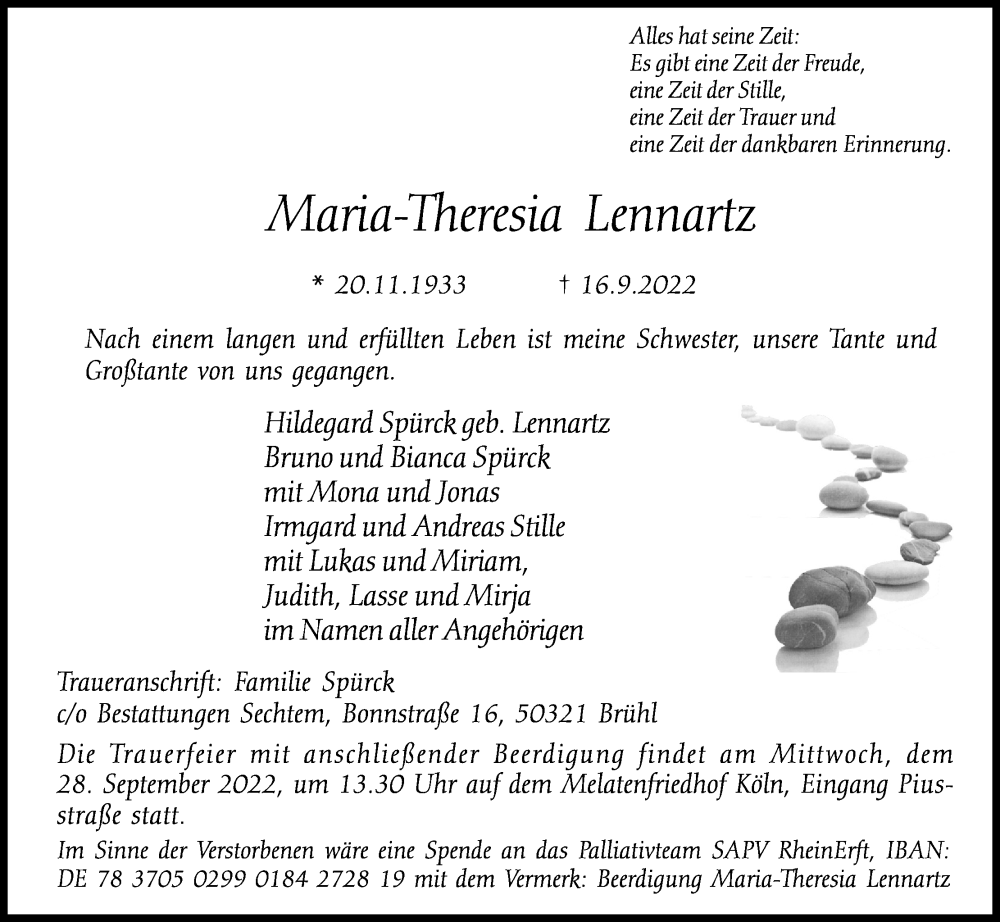  Traueranzeige für Maria-Theresia Lennartz vom 24.09.2022 aus Kölner Stadt-Anzeiger / Kölnische Rundschau / Express