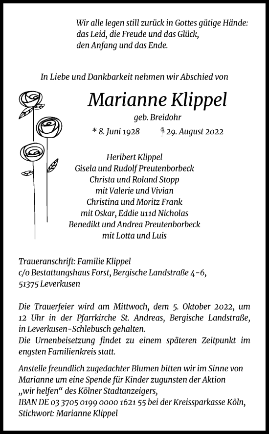 Anzeige von Marianne Klippel von Kölner Stadt-Anzeiger / Kölnische Rundschau / Express