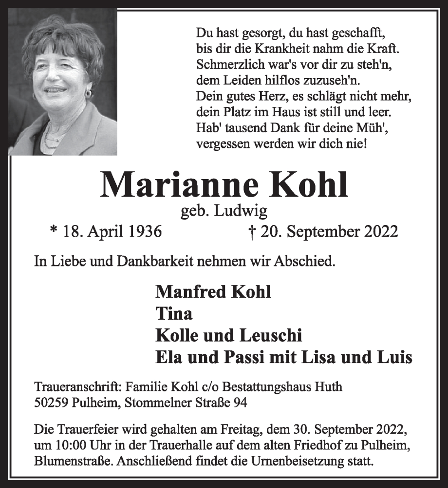  Traueranzeige für Marianne Kohl vom 23.09.2022 aus  Wochenende 