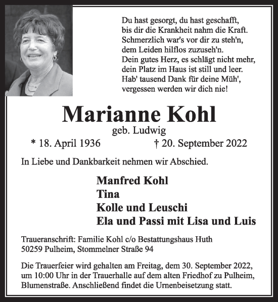 Anzeige von Marianne Kohl von  Wochenende 