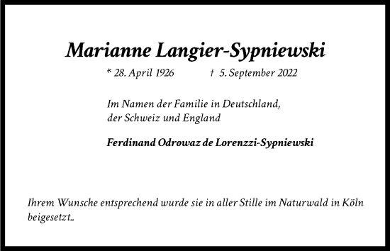 Anzeige von Marianne Langier-Sypniewski von Kölner Stadt-Anzeiger / Kölnische Rundschau / Express