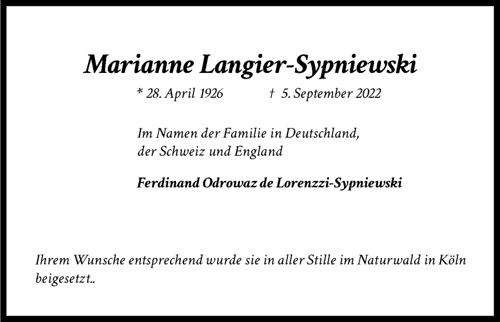  Traueranzeige für Marianne Langier-Sypniewski vom 17.09.2022 aus Kölner Stadt-Anzeiger / Kölnische Rundschau / Express