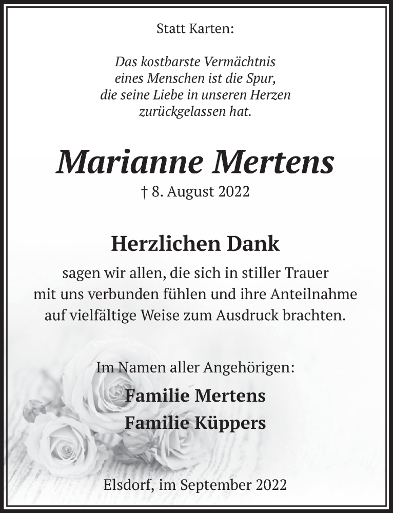  Traueranzeige für Marianne Mertens vom 09.09.2022 aus  Werbepost 