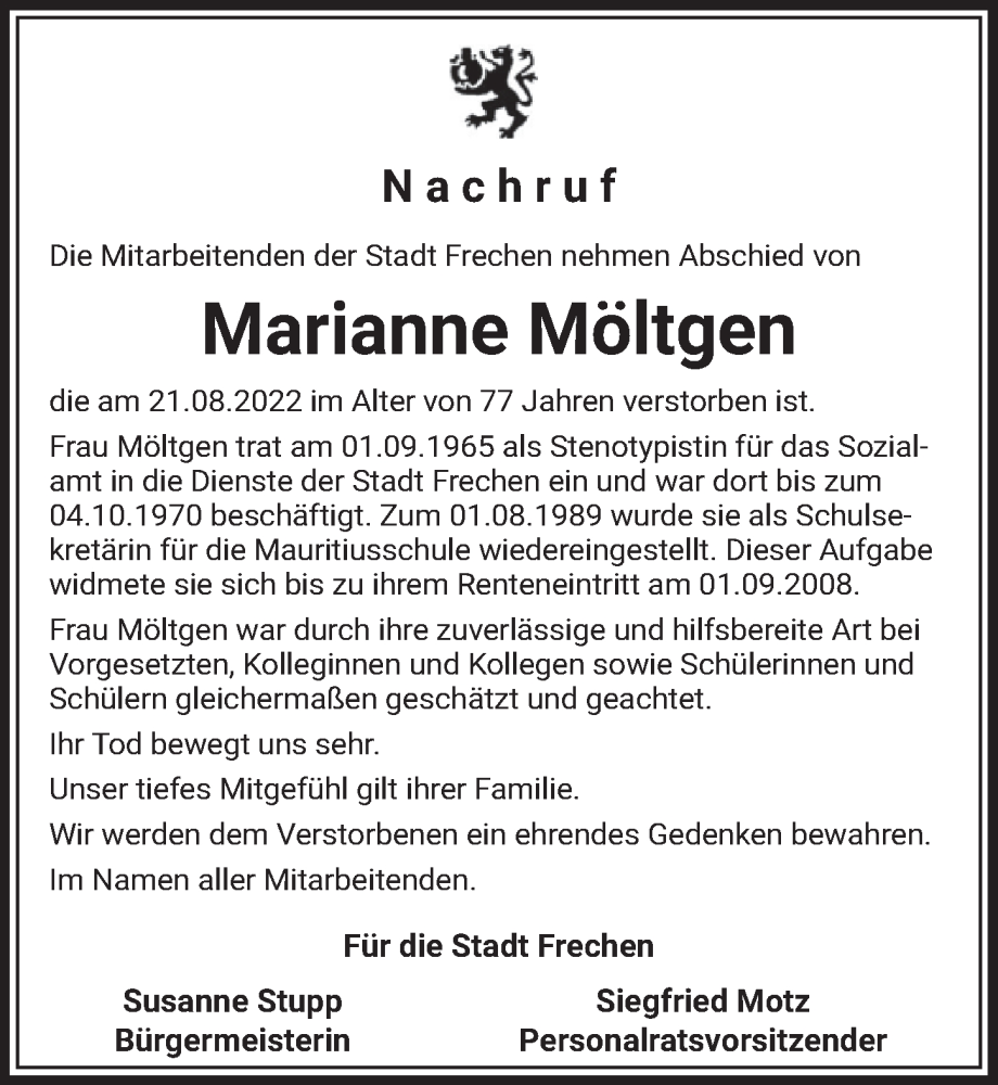 Traueranzeige für Marianne Möltgen vom 09.09.2022 aus  Wochenende  Werbepost 