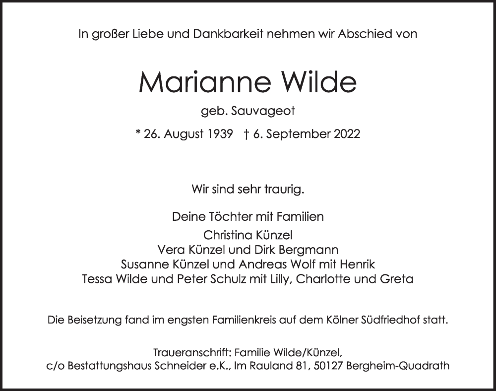  Traueranzeige für Marianne Wilde vom 16.09.2022 aus  Werbepost 
