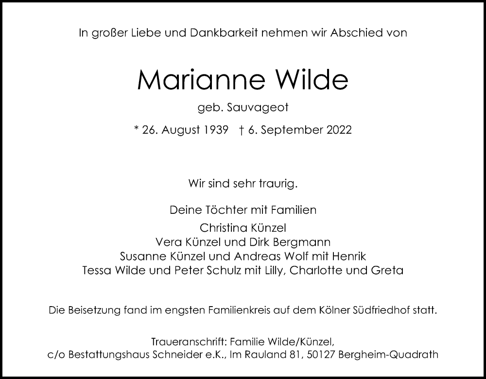  Traueranzeige für Marianne Wilde vom 17.09.2022 aus Kölner Stadt-Anzeiger / Kölnische Rundschau / Express
