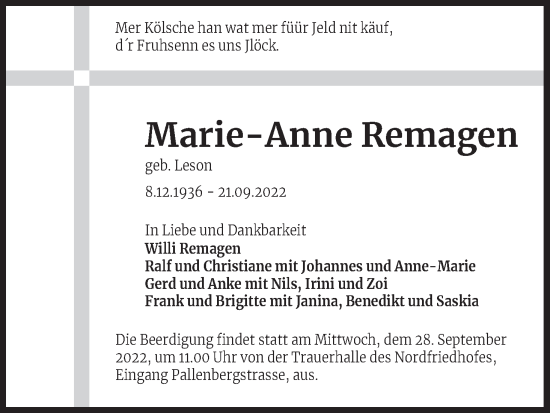 Anzeige von Marie-Anne  Remagen von Kölner Stadt-Anzeiger / Kölnische Rundschau / Express