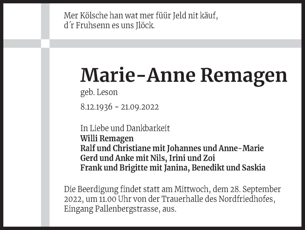  Traueranzeige für Marie-Anne  Remagen vom 27.09.2022 aus Kölner Stadt-Anzeiger / Kölnische Rundschau / Express