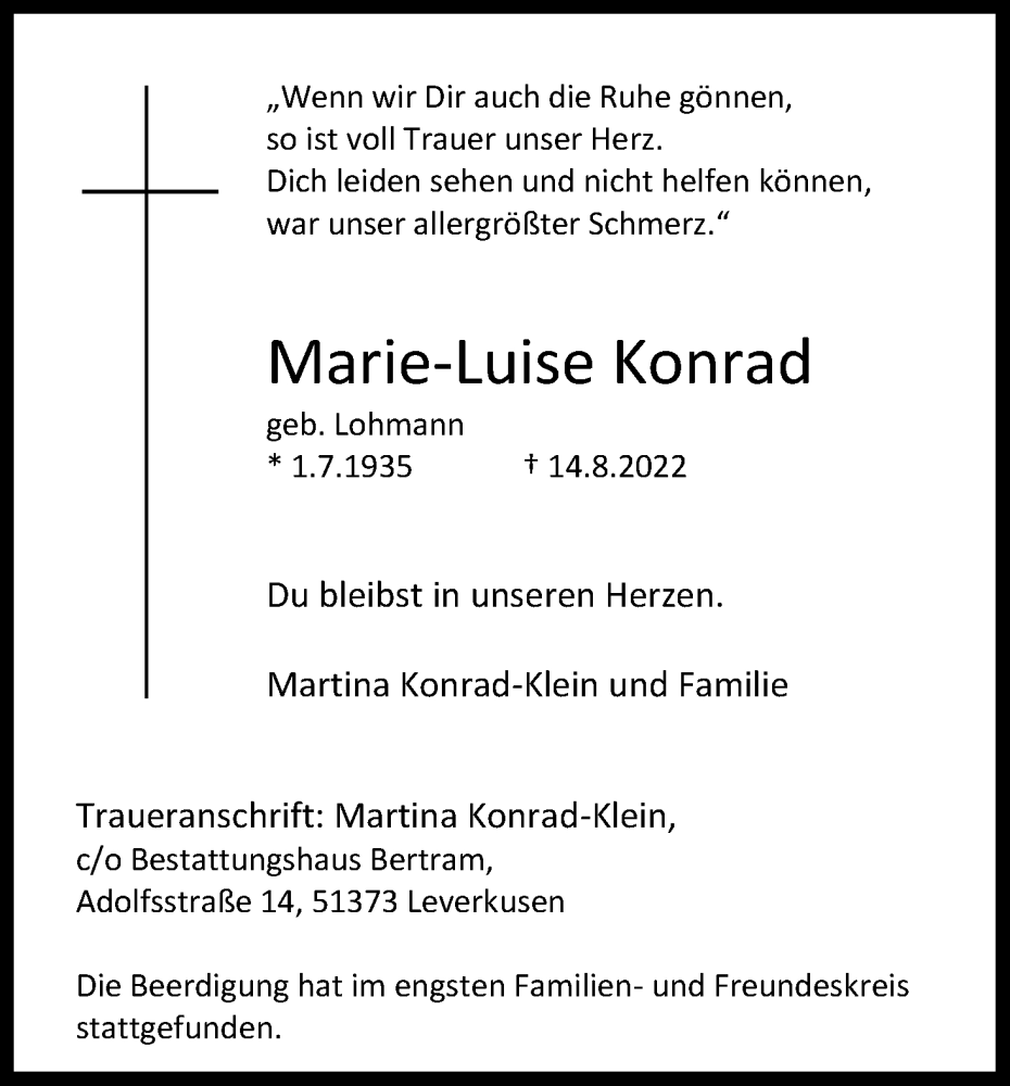  Traueranzeige für Marie-Luise Konrad vom 03.09.2022 aus Kölner Stadt-Anzeiger / Kölnische Rundschau / Express