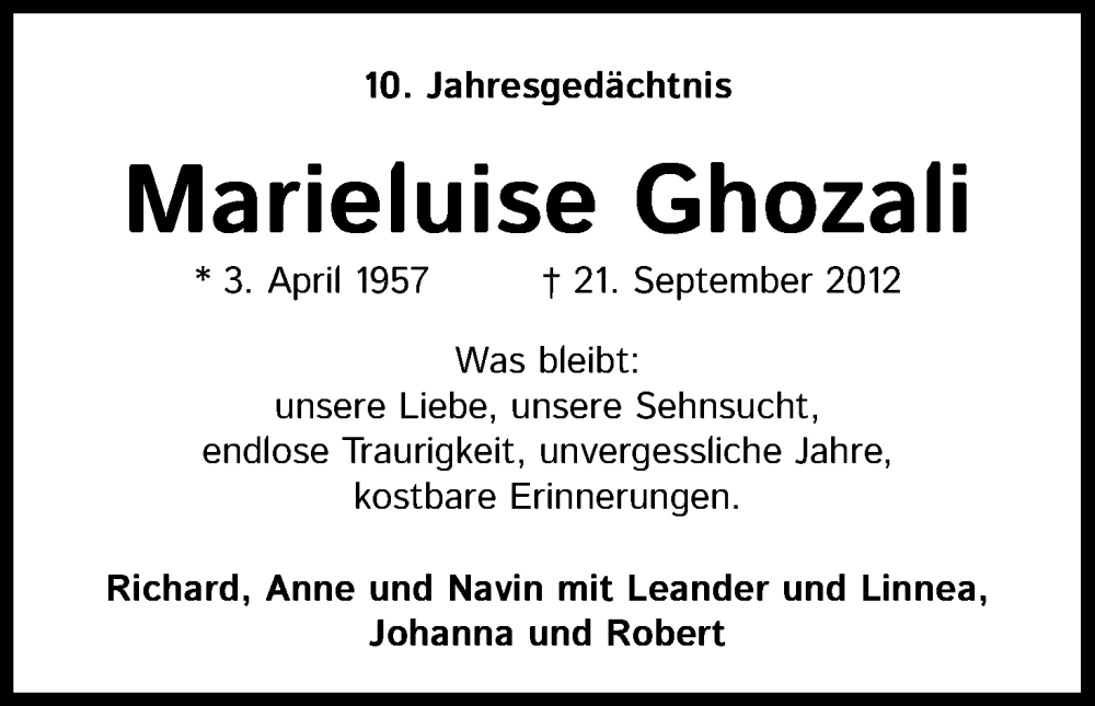  Traueranzeige für Marieluise Ghozali vom 21.09.2022 aus Kölner Stadt-Anzeiger / Kölnische Rundschau / Express