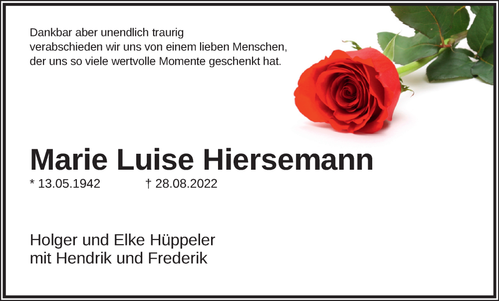  Traueranzeige für Marie Luise Hiersemann vom 03.09.2022 aus Kölner Stadt-Anzeiger / Kölnische Rundschau / Express