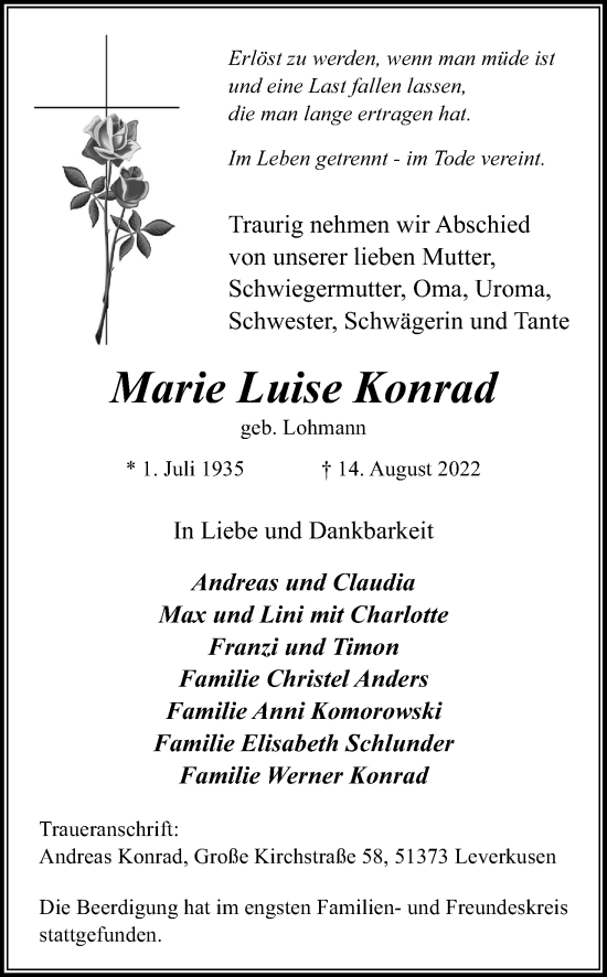 Anzeige von Marie Luise Konrad von Kölner Stadt-Anzeiger / Kölnische Rundschau / Express
