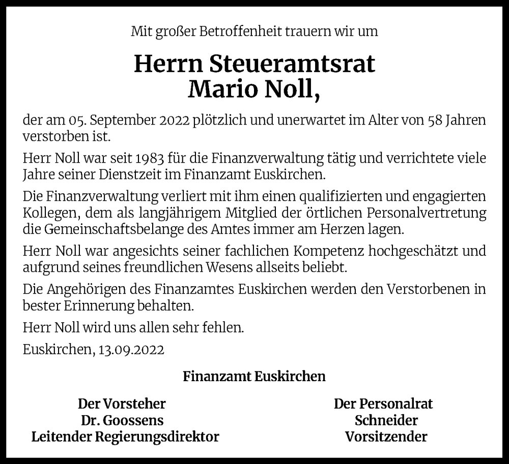  Traueranzeige für Mario Noll vom 17.09.2022 aus Kölner Stadt-Anzeiger / Kölnische Rundschau / Express