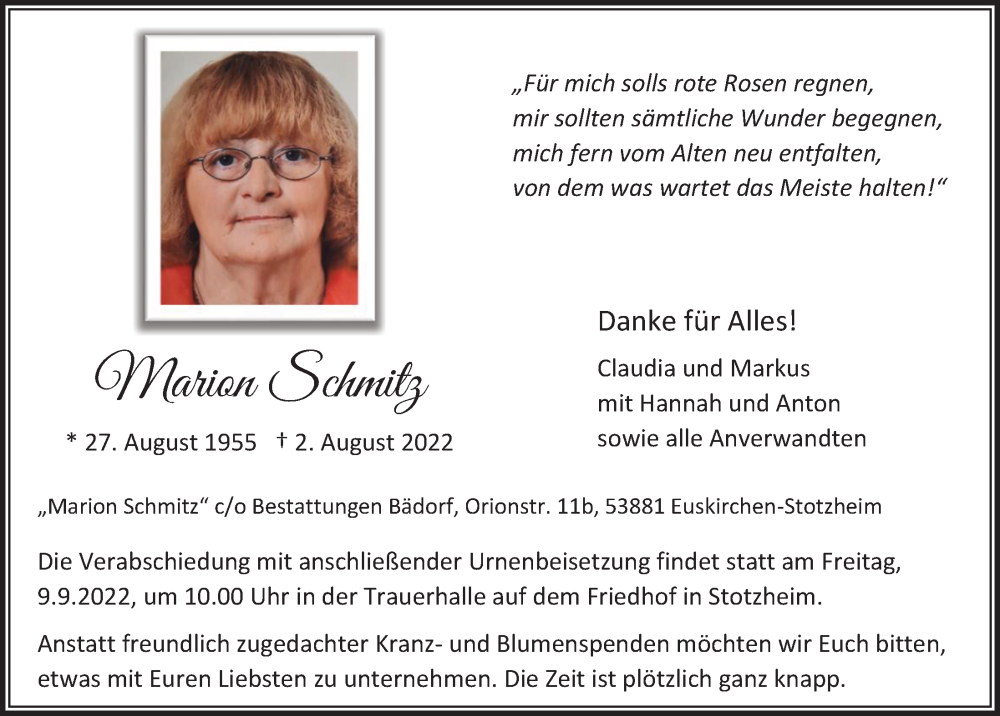  Traueranzeige für Marion Schmitz vom 03.09.2022 aus  Blickpunkt Euskirchen 