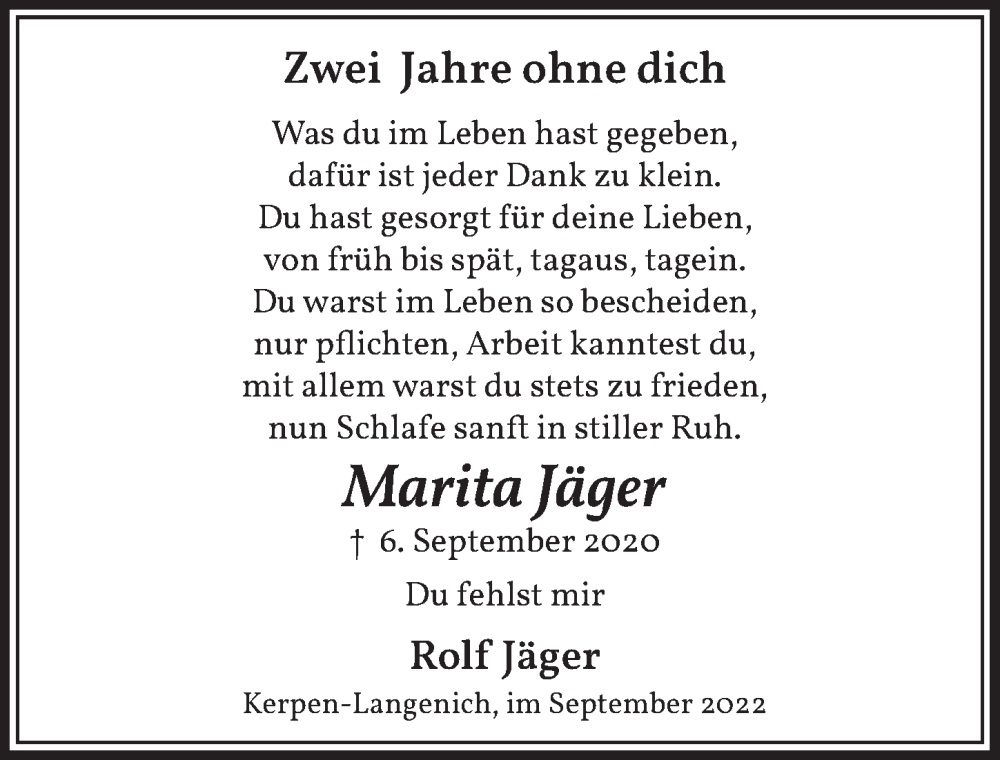  Traueranzeige für Marita Jäger vom 02.09.2022 aus  Werbepost 