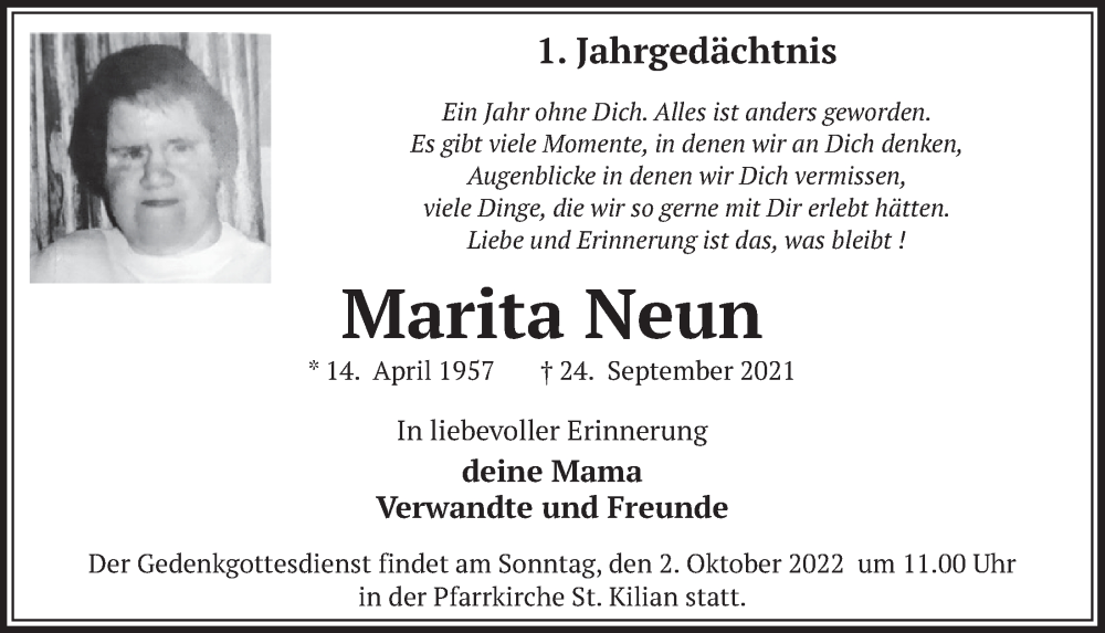  Traueranzeige für Marita Neun vom 23.09.2022 aus  Werbepost 