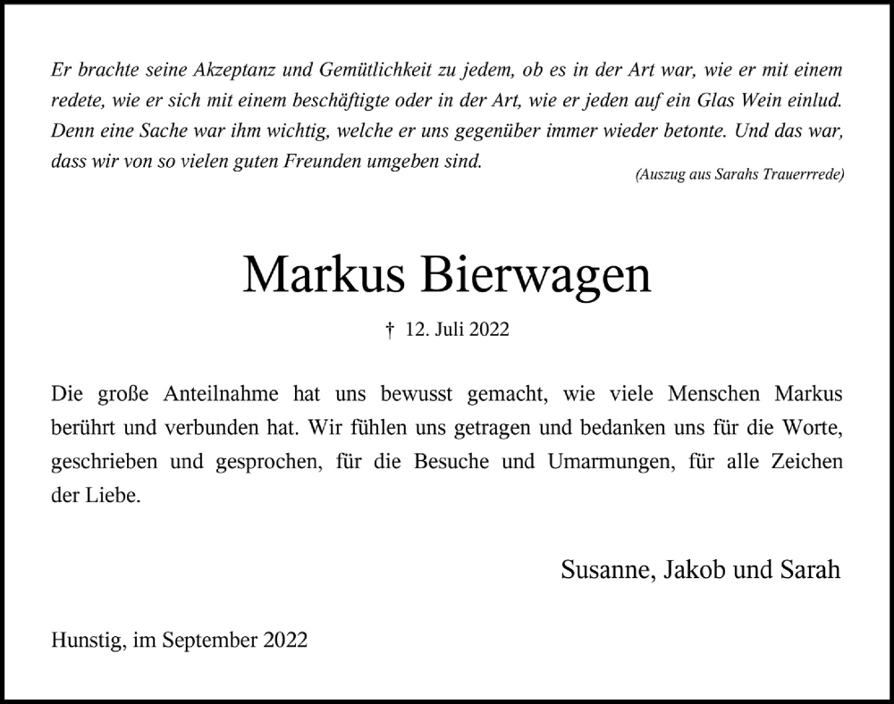  Traueranzeige für Markus Bierwagen vom 09.09.2022 aus  Anzeigen Echo 