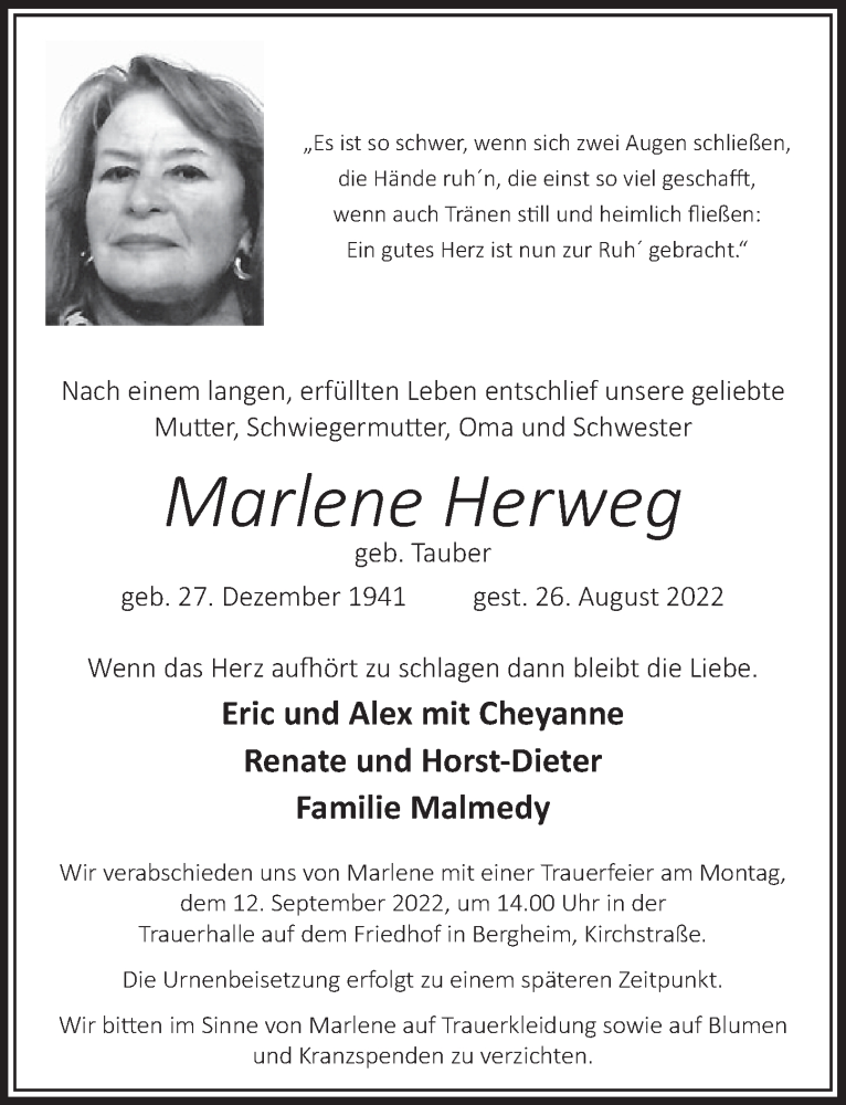  Traueranzeige für Marlene Herweg vom 09.09.2022 aus  Werbepost 