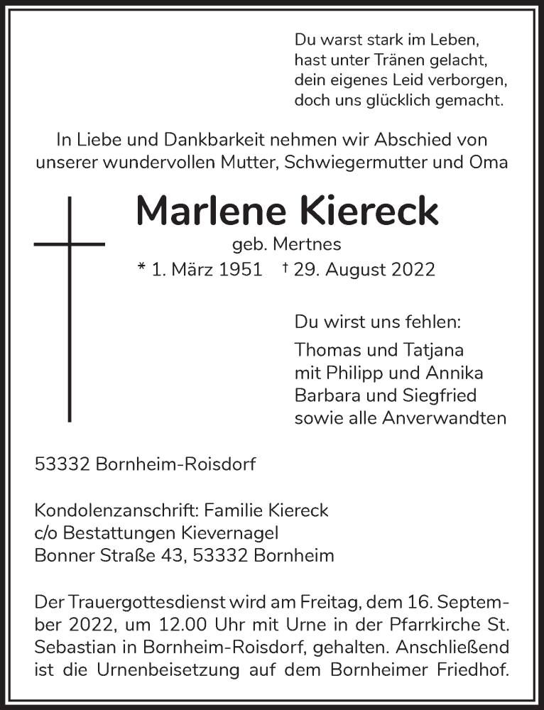  Traueranzeige für Marlene Kiereck vom 02.09.2022 aus  Schaufenster/Blickpunkt 