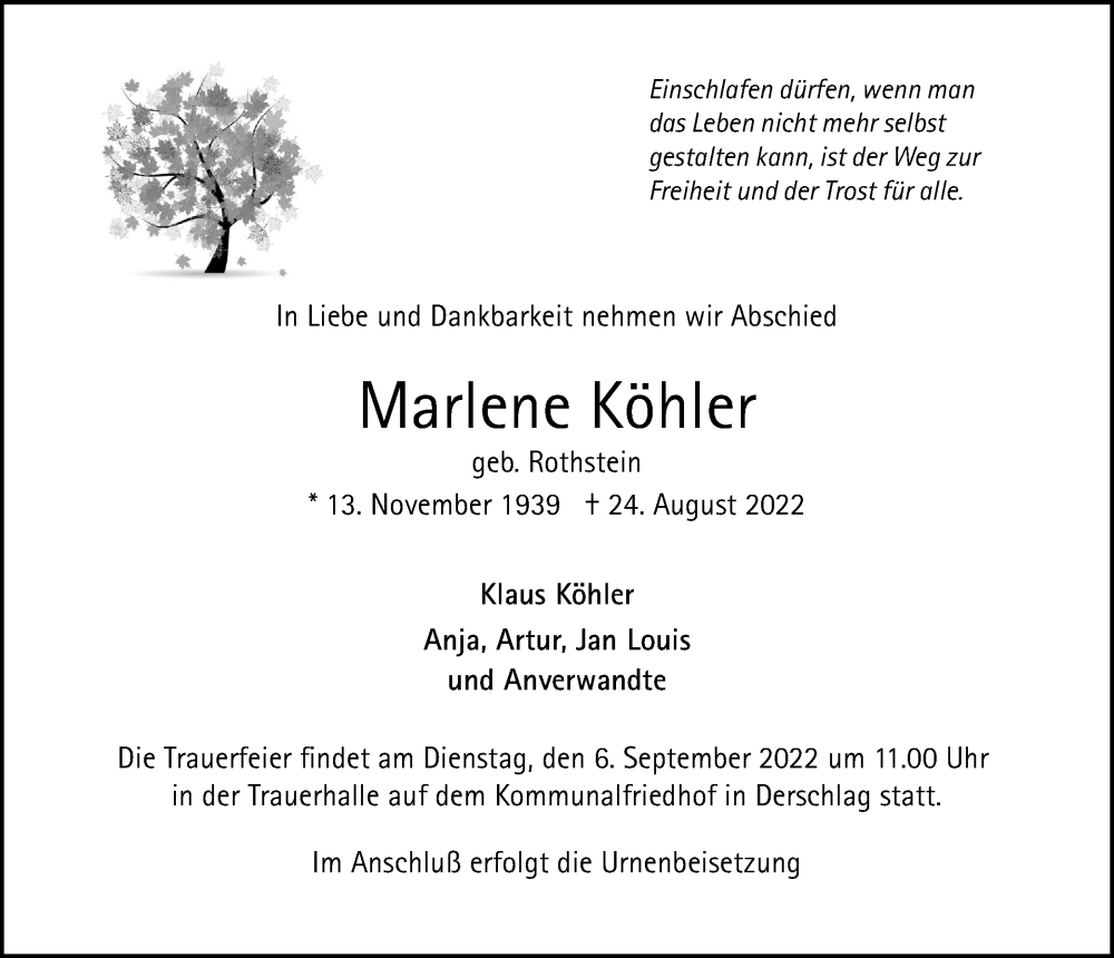  Traueranzeige für Marlene Köhler vom 02.09.2022 aus  Anzeigen Echo 