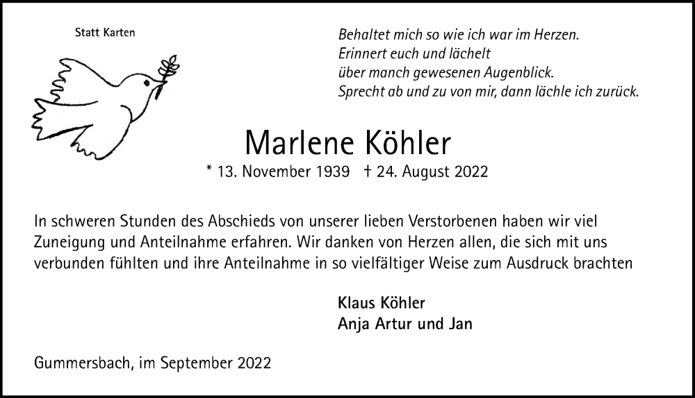  Traueranzeige für Marlene Köhler vom 30.09.2022 aus  Anzeigen Echo 