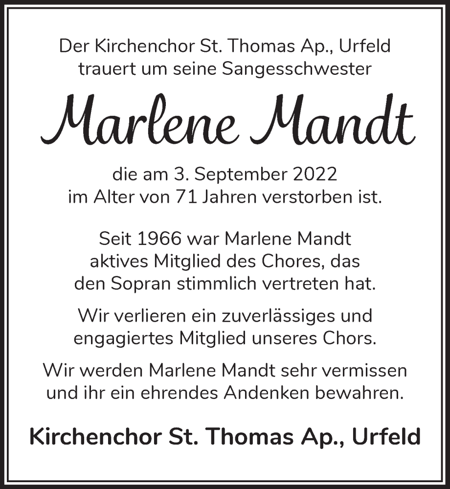  Traueranzeige für Marlene Mandt vom 16.09.2022 aus  Schlossbote/Werbekurier 