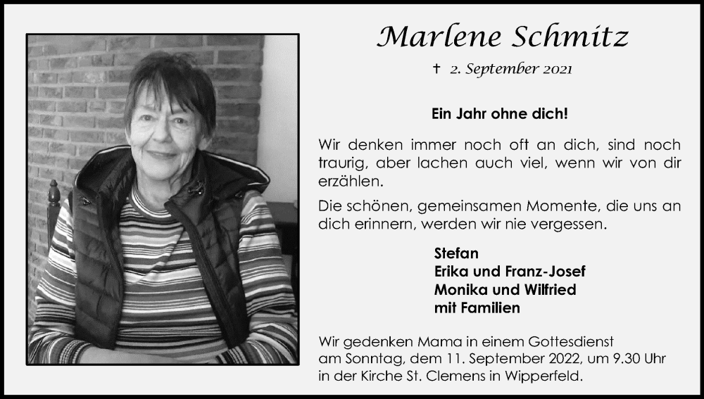  Traueranzeige für Marlene Schmitz vom 10.09.2022 aus Kölner Stadt-Anzeiger / Kölnische Rundschau / Express