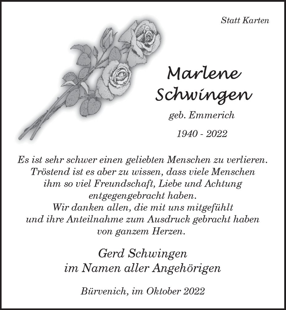  Traueranzeige für Marlene Schwingen vom 01.10.2022 aus  Blickpunkt Euskirchen 