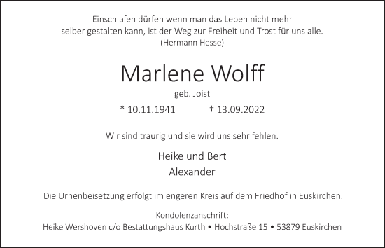 Anzeige von Marlene Wolff von  Blickpunkt Euskirchen 