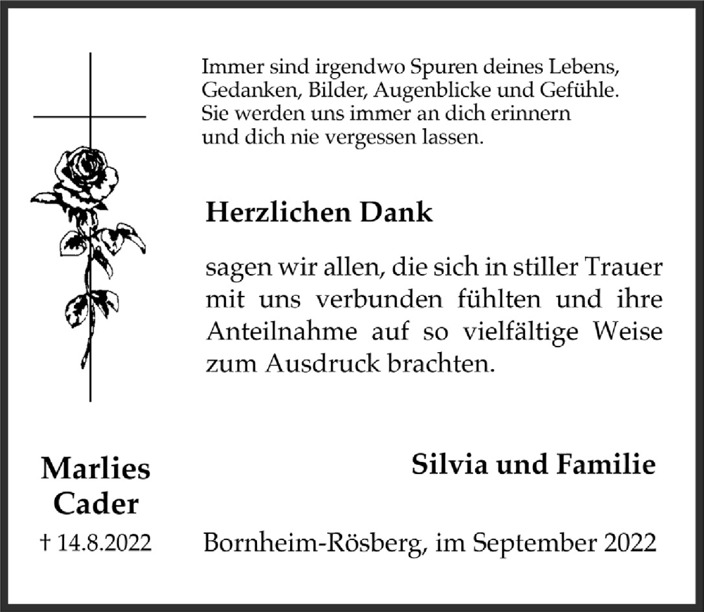  Traueranzeige für Marlies Cader vom 09.09.2022 aus  Schaufenster/Blickpunkt 