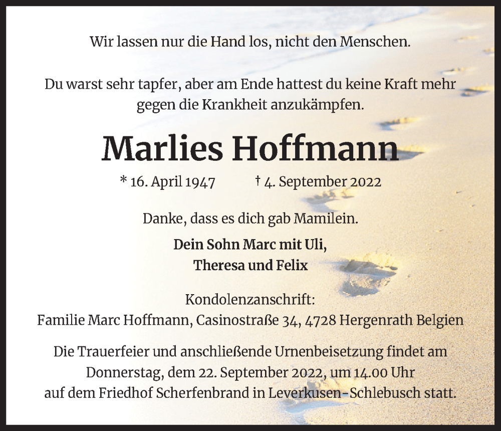  Traueranzeige für Marlies Hoffmann vom 17.09.2022 aus Kölner Stadt-Anzeiger / Kölnische Rundschau / Express